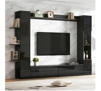 Ensemble Meuble TV 228 x 30 x 170 cm avec Étagères, Colonne de Rangement Vitré - Surface Noir Haute Brillance