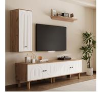 Ensemble Meuble TV 3 pièces,5 portes,1 étagère murale,Blanc et bois,panneaux de porte sculptés