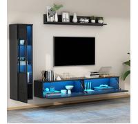 Ensemble Meuble TV 3 Pièces avec Éclairage LED Intégré, Meuble TV Mural, Vitrine et Étagère Murale, 180 cm, Noir