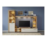Ensemble meuble TV 3 pièces LOGO - 1 Porte - LED - Mélamine chêne clair et blanc mat - L240 x P41 x H185 cm - TRENDTEAM