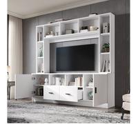 Ensemble meuble TV avec étagères, 2 placards, 2 tiroirs, 11 niches, blanc, panneau particules, 180x35x170 cm