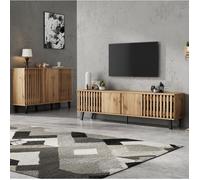 Ensemble Meuble TV + Buffet bois naturel L 180 x P 40 x H 55 & L 150 x P 40 x H 95 cm, portes, niches