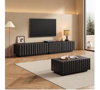 Ensemble meuble TV et table basse, motif ondulé, 6 tiroirs, rangement salon moderne, noir, MDF et panneau de particules