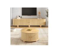 Ensemble meuble TV et table basse ronde 2 pièces - 180x35x45 cm et 72x72x38 cm - Portes coulissantes - MDF effet Bois naturel