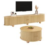 Ensemble meuble TV et table basse ronde en MDF, 180 x 35 x 45 cm et 72 x 72 x 38 cm, portes coulissantes, relief vertical, naturel