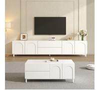 Ensemble meuble TV et table basse - Set 2 pièces - Blanc - MDF & panneau de particules - Pieds métal et grands rangements