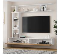 Ensemble Meuble TV mural 3 pièces 180x35x150 cm avec vitrine, étagère murale, 4 portes, Panneaux de particules, Blanc + Bois