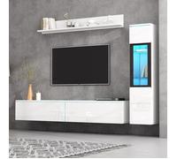 Ensemble Meuble TV Mural 3 Pièces LED Blanc Laqué Meuble Salon avec 1 Meuble TV, 1 Vitrine et 1 Étagère Murale