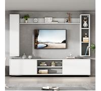 Ensemble Meuble TV Mural 4 Pièces Blanc Laqué | Modulable : Installation Murale ou à Poser au Sol | avec Meuble Bas 180cm