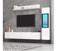 Ensemble Meuble TV Mural avec 1 Meuble TV, 1 Vitrine, 1 Étagère - MODENVIE - LED - Panneaux de Particules et Verre - Blanc