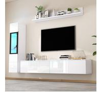 Ensemble meuble TV mural avec 1 meuble TV, 1 vitrine, 1 étagère murale LED - UVRION - Panneaux de particules - Blanc brillant