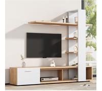Ensemble meuble TV mural avec meuble TV bas, 3 étagères et 1 colonne - UVRION - Panneaux de particules Blanc et Bois