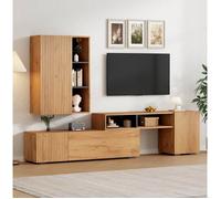 Ensemble meuble TV mural extensible 174-265 cm avec rangement, pose au sol ou suspendue, TV jusqu'à 120 pouces, Bois et Noir