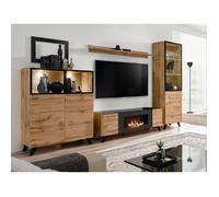 Ensemble meuble TV mural Thin avec cheminée bioéthanol et vitrine LED - Bois MDF noir et chêne Wotan - 340 x 197 x 45 cm