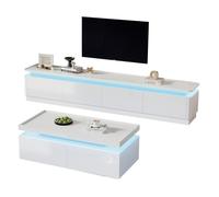Ensemble Meuble TV Table Basse Blanc Brillant 180x34x40cm 95x45x35cm, LED, 4 Tiroirs, Support TV 75 Pouces Salon Moderne