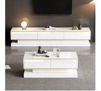 Ensemble meuble TV + table basse blanc chaud L 200 x P 40 x H 40 cm, tiroirs à ouverture push