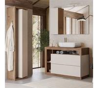 Ensemble meuble vasque 110cm + colonne pivotante beige et aspect bois Mercure - ARTURO -