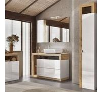 Ensemble meuble vasque 110cm + rangement + armoire 1P blanc et aspect bois Cadiz - ARTURO - ALTOBUY Blanc