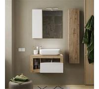 Ensemble meuble vasque 78 cm et colonne suspendus blanc et aspect bois Cadiz - ARTURO -