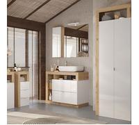 Ensemble salle de bain meuble avec vasque 92cm rangements + armoire 2P blanc et bois Cadiz - ARTURO