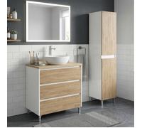 Ensemble meuble vasque à poser L.60cm + 1 colonne sur pied Blanc laqué 3 tiroirs Chêne naturel LISBONA
