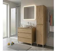 Ensemble meuble vasque à poser L.80cm + 1 colonne sur pied 3 tiroirs Chêne naturel LISBONA