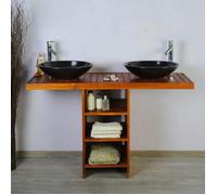Ensemble meuble vasque et miroir salle de bain New Gempo 140 cm en bois teck naturel Taille - Meuble + 2 vasques