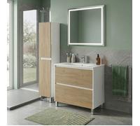Ensemble meuble vasque L.100cm + 1 colonne sur pied Blanc laqué 2 tiroirs Chêne naturel LISBONA