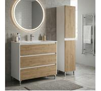 Ensemble meuble vasque L.100cm + 1 colonne sur pied Blanc laqué 3 tiroirs Chêne naturel LISBONA