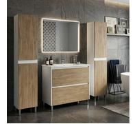 Ensemble meuble vasque L.100cm + 2 colonnes sur pied Blanc laqué 2 tiroirs Chêne naturel LISBONA