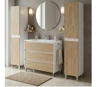 Ensemble meuble vasque L.100cm + 2 colonnes sur pied Blanc laqué 3 tiroirs Chêne naturel LISBONA