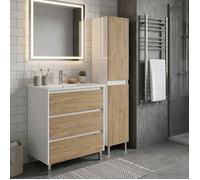 Ensemble meuble vasque L.60cm + 1 colonne sur pied Blanc laqué 3 tiroirs Chêne naturel LISBONA