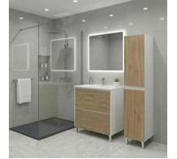 Ensemble meuble vasque L.80cm + 1 colonne sur pied Blanc laqué 2 tiroirs Chêne naturel LISBONA