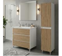Ensemble meuble vasque L.80cm + 1 colonne sur pied Blanc laqué 3 tiroirs Chêne naturel LISBONA