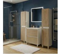 Ensemble meuble vasque L.80cm + 2 colonnes sur pied Blanc laqué 2 tiroirs Chêne naturel LISBONA
