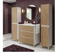 Ensemble meuble vasque L.80cm + 2 colonnes sur pied Blanc laqué 3 tiroirs Chêne naturel LISBONA
