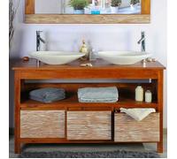 Ensemble meuble vasque salle de bain 140 cm en teck avec miroir et accessoires Taille - Meuble+miroir+ vasques