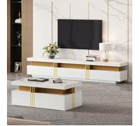 Ensemble meubles brillant table basse et meuble TV, avec bandes dorées, Style moderne, Blanc, 100x50x40 cm + 200x40x42 cm