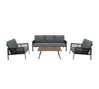 Ensemble Meubles de Jardin En Aluminium Effet Bois 4 Pièces Salon de 3 Places Extérieur Modulaire 2 Fauteuils Table Basse Imperméable Coussins Épaisses Housses Lavables (Housse de Pluie INCLUS)
