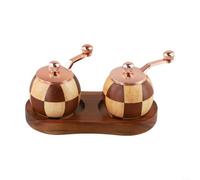 Ensemble moulin à poivre et moulin à sel en bois massif naturel avec mécanisme à manivelle efficace, récipient à épices en damier pour décoration de comptoir de cuisine (deux ensembles + base)