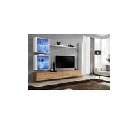 Ensemble mural - Switch XVIII - 2 vitrines LED - 1 vitrine verticale - 2 bancs TV - 1 étagère - Bois et blanc - Modèle 2