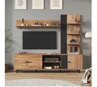 Ensemble mural TV 187,5x40x167cm avec vitrine meuble multimédia - plateau TV + étagère,ensemble de meubles TV pour salon - bois+noir