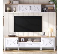 Ensemble mural TV 80'' blanc, meuble TV + vitrine suspendue, rangement complet design moderne pour salon