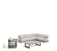 Ensemble Nerano comprenant un canapé d'angle 5 places, un fauteuil et une table basse en verre trempé et aluminium taupe