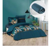 Ensemble parure de couette 260x240 cm alianor + drap housse 160x200 bleu
