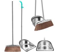 Ensemble pelle et balai avec manche long de 93 cm - Balai avec pelle à poussière rotative en acier inoxydable - Pour chambre à coucher, salon (rond)
