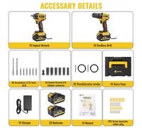 Ensemble perceuse-visseuse sans fil et hocs - 21 V - Moteur sans balais - 1000 Nm - 55 Nm (percussion) - 2 vitesses - 2 batteries de 4000 mAh