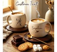 Ensemble personnalisé de tasse à café et mug en céramique avec sous-verre en bois et cuillère en métal, design de poterie grossière fait main, mug de voyage personnalisé cadeau pour les amis 1 cuillèr