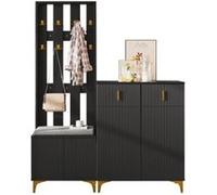 Ensemble porte-manteau, étagère de rangement multifonctionnelle, UWOT, porte-manteau avec banc à chaussures et coussin, noir Noir