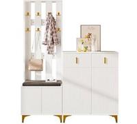 Ensemble porte-manteau, étagère de rangement multifonctionnelle, UWOT, porte-manteau avec banc à chaussures et coussin, blanc Blanc
